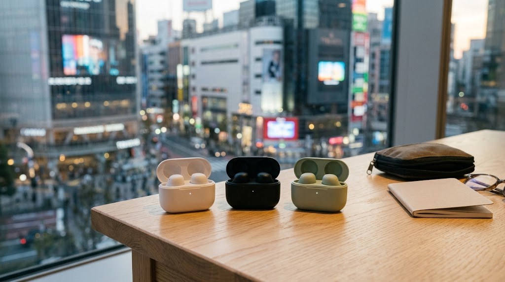 Three pairs of wireless earbuds in charging cases on a wooden table by a window overlooking Tokyo