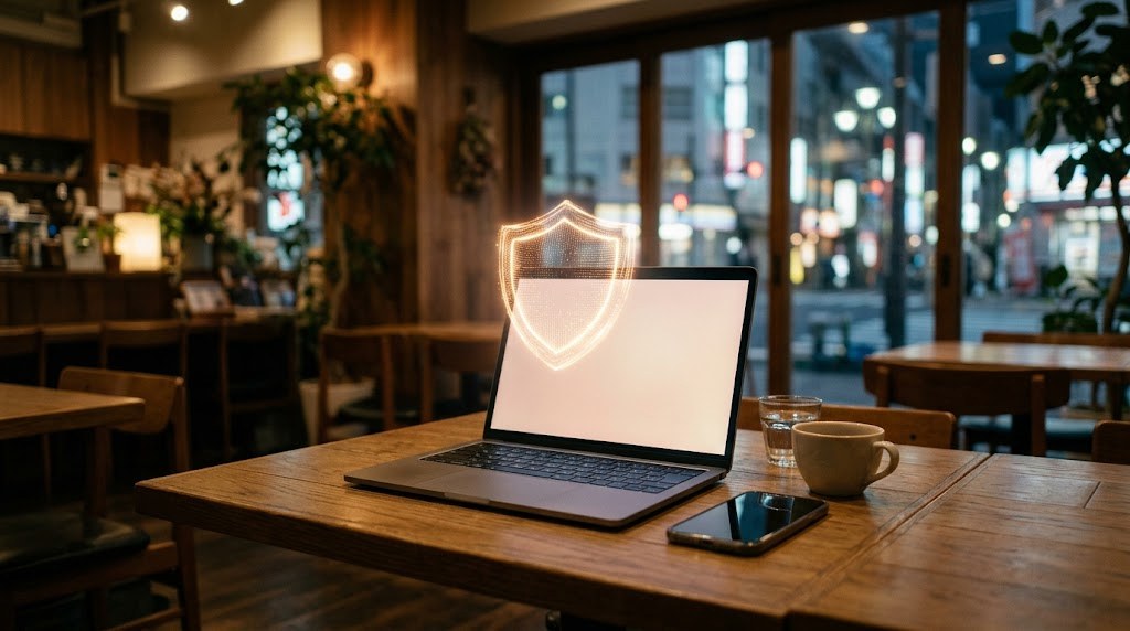 A laptop with a glowing security shield on a cafe table in Tokyo at night