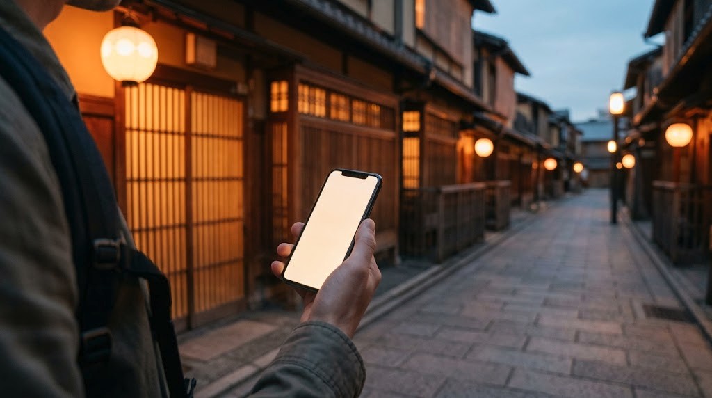 Traveler checking a smartphone on a lantern-lit street in Kyoto at dusk